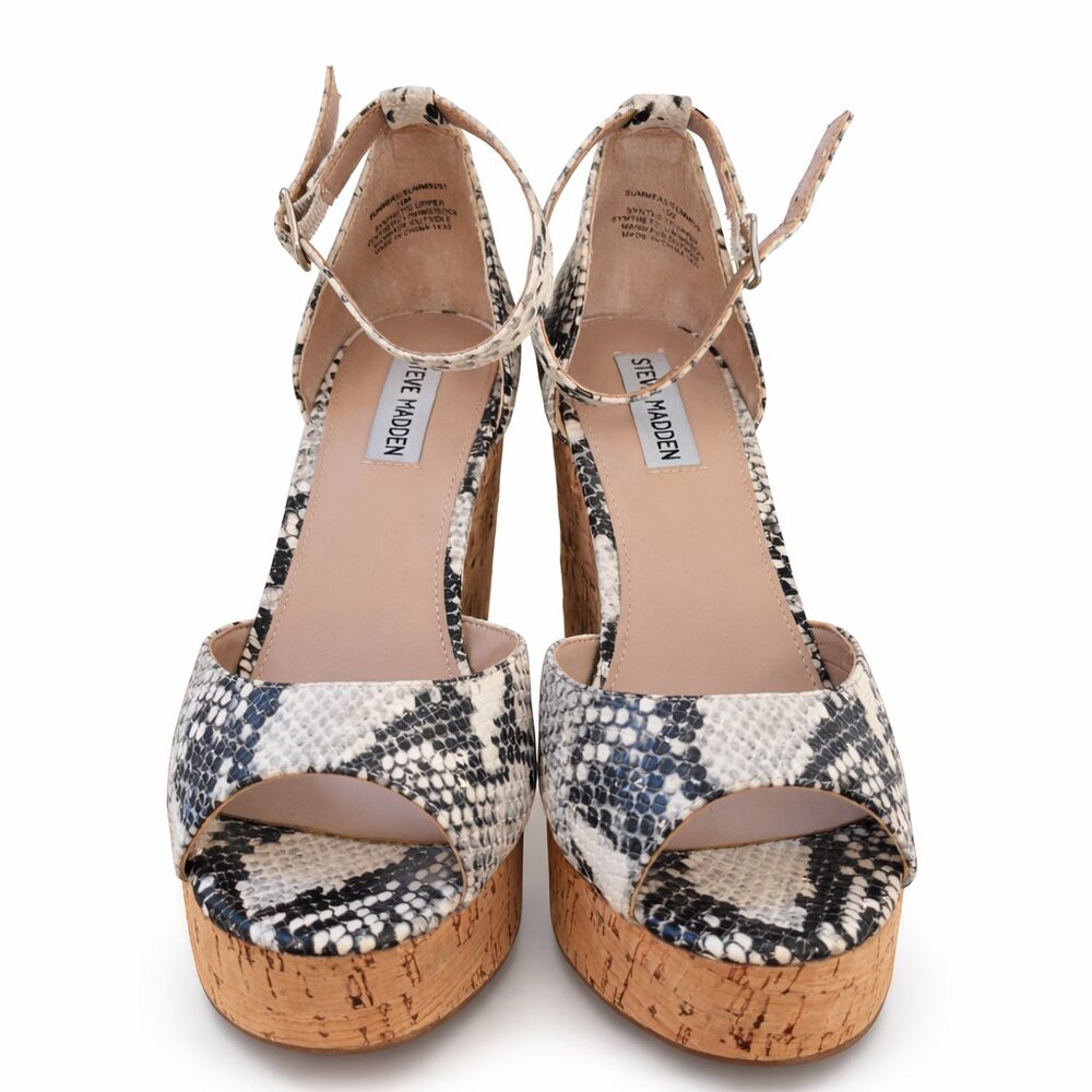 Steve Madden Snakeskin Platform Heels – Size 10 – Ankle Strap Peep Toe Cork Heel